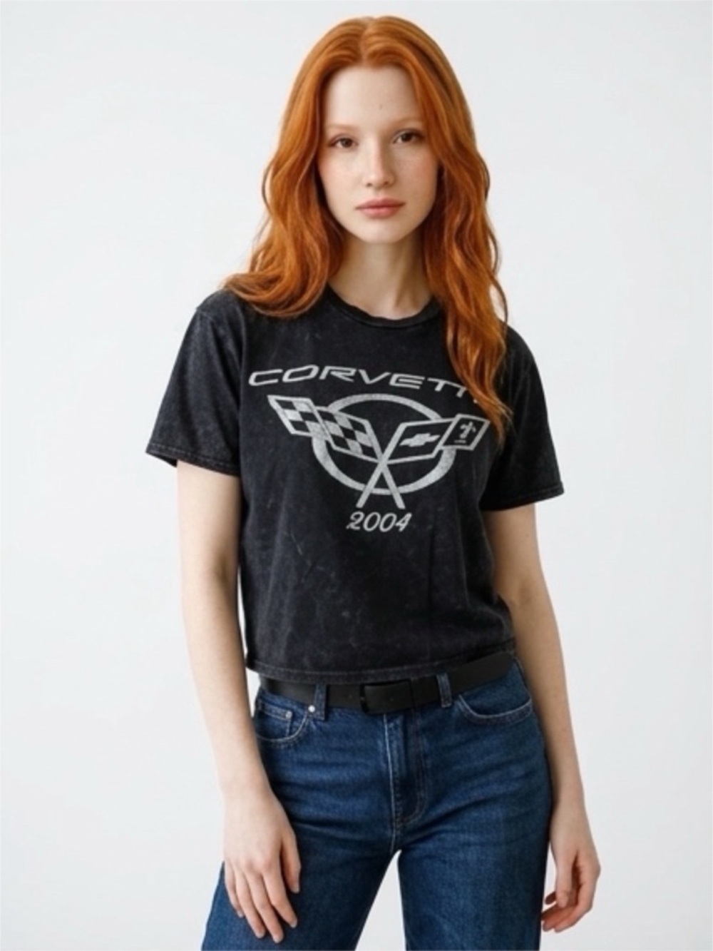 Vintage 2004 Corvette Crop Top - Acid-Washed Black Tee by Chemistry - Size Large